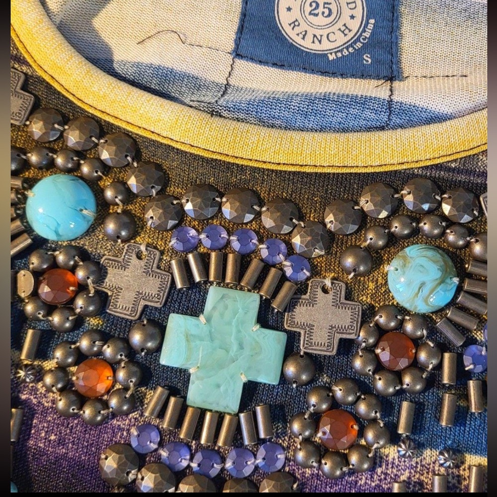 Rare Double d ranch 25th serape top beaded turquoise silver cross RTL $395 S EUC